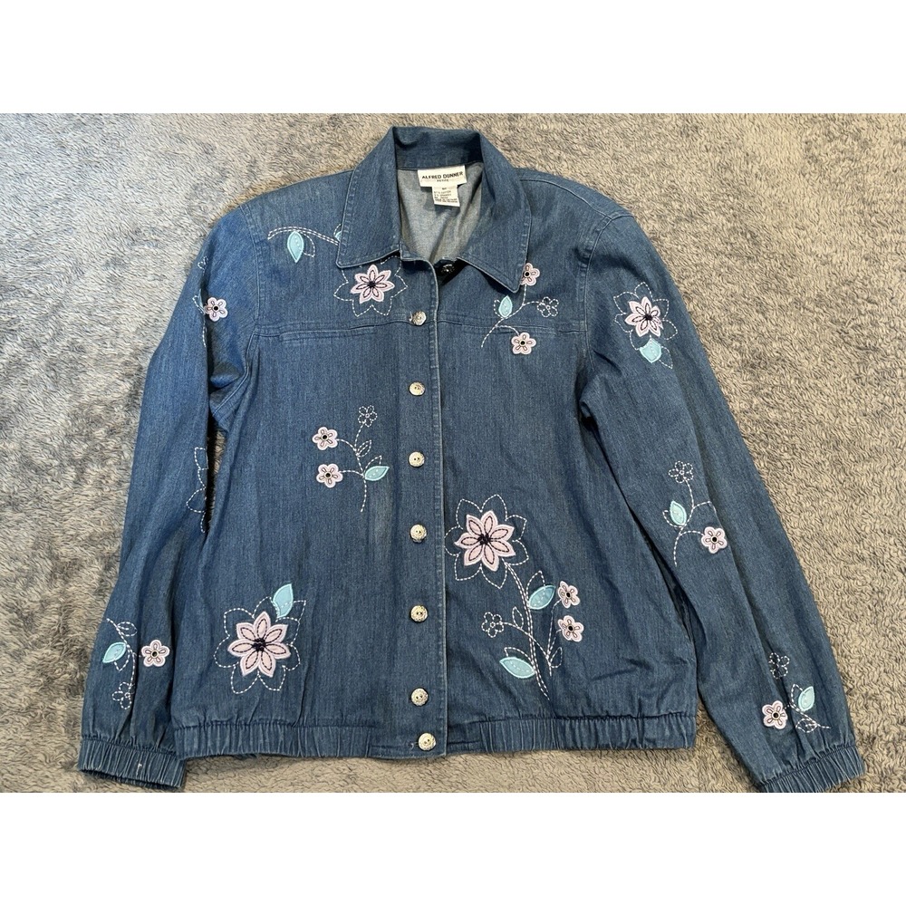 Alfred Dunner Top Womens 8P Embroidered Chambray Floral Button Up Shoulder Pads